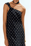 Black White Dots One Shoulder Sheath Long Convertible Dress with Streamer