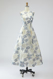 Dusty Blue A Line Floral Long Jacquard Dress with Pockets