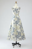 Dusty Blue A Line Floral Long Jacquard Dress with Pockets