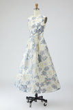 Dusty Blue A Line Floral Long Jacquard Dress with Pockets