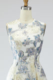 Dusty Blue A Line Floral Long Jacquard Dress with Pockets
