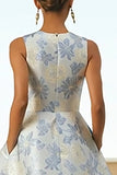 Dusty Blue A Line Floral Long Jacquard Dress with Pockets