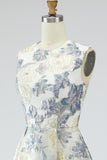 Dusty Blue A Line Floral Long Jacquard Dress with Pockets