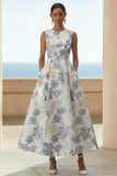 Dusty Blue A Line Floral Long Jacquard Dress with Pockets