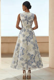 Dusty Blue A Line Floral Long Jacquard Dress with Pockets