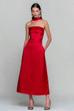Red Strapless A Line Long Convertible Satin Dress with Pockets