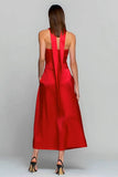 Red Strapless A Line Long Convertible Satin Dress with Pockets
