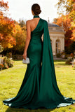 Dark Green Neck Scarf One Shoulder Mermaid Long Formal Dress