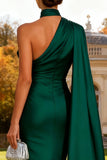Dark Green Neck Scarf One Shoulder Mermaid Long Formal Dress