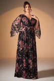 Black Pink Floral A Line Long Sleeve Mother of the Bride Dress