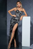 Sparkly Black Silver Spaghetti Strpas Long Evening Dress with Slit