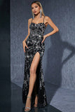 Sparkly Black Silver Spaghetti Strpas Long Evening Dress with Slit