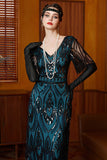 Black Blue Sheath Sequin V-Neck Long 1920s Dress