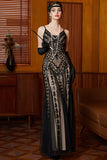 Sparkly Black Apricot Sheath Spaghetti Straps Long 1920s Dress with Sequins