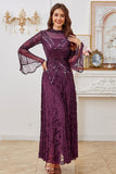 Dark Purple Beaded A Line Mother of the Bride Dress with Long Sleeves