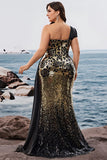 Saprkly Black Golden Mermaid One Shoulder Long Evening Dress with Slit