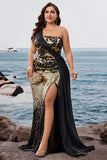 Saprkly Black Golden Mermaid One Shoulder Long Evening Dress with Slit