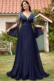 Navy Sequin V Neck Pleated Long Mother of the Bride Dress