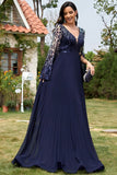 Navy Sequin V Neck Pleated Long Mother of the Bride Dress
