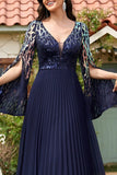 Navy Sequin V Neck Pleated Long Mother of the Bride Dress