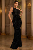 One Shoulder Sequin Black Long Evening Dress with Slit