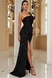 Black One Shoulder Sheath Sequin Evening Dress with Slit