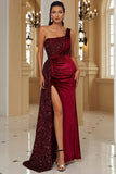 Black One Shoulder Sheath Sequin Evening Dress with Slit