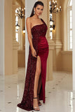 Black One Shoulder Sheath Sequin Evening Dress with Slit