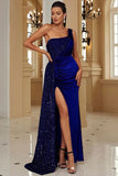 Black One Shoulder Sheath Sequin Evening Dress with Slit