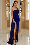 Black One Shoulder Sheath Sequin Evening Dress with Slit