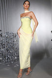 Strapless Yellow Sheath Convertible Corset Formal Dress with Neck Scarf