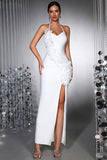 White Halter Mermaid Long Formal Dress with 3D Flowers