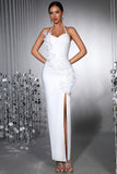 White Halter Mermaid Long Formal Dress with 3D Flowers