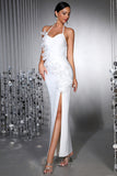 White Halter Mermaid Long Formal Dress with 3D Flowers