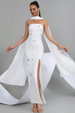 Sparkly White Strapless Sheath Convertible Long Ball Dress with Neck Scarf
