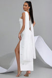 Sparkly White Strapless Sheath Convertible Long Ball Dress with Neck Scarf