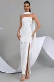 Sparkly White Strapless Sheath Convertible Long Ball Dress with Neck Scarf