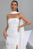 Sparkly White Strapless Sheath Convertible Long Ball Dress with Neck Scarf