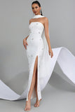 Sparkly White Strapless Sheath Convertible Long Ball Dress with Neck Scarf