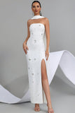 Sparkly White Strapless Sheath Convertible Long Ball Dress with Neck Scarf