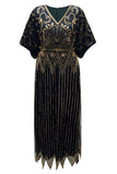 Sparkly Black Golden Beaded Sequins V-Neck Long 1920s Dress
