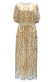 Sparkly Apricot Beaded Sheath Boat Neck 1920s Dress with Sequins