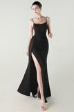 Black Spaghetti Straps Mermaid Long Ball Dress with Slit