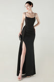 Black Spaghetti Straps Mermaid Long Ball Dress with Slit