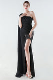 One Shoulder Mermaid Black Formal Dress with Streamer
