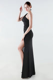 One Shoulder Mermaid Black Formal Dress with Streamer