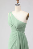 Sage Green A-Line One Shoulder Long Bridesmaid Dress with Slit
