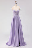 Purple A-Line Satin Sequins Backless Long Ball Dress with Slit