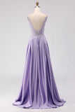 Purple A-Line Satin Sequins Backless Long Ball Dress with Slit