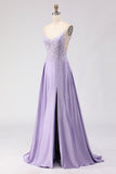 Purple A-Line Satin Sequins Backless Long Ball Dress with Slit